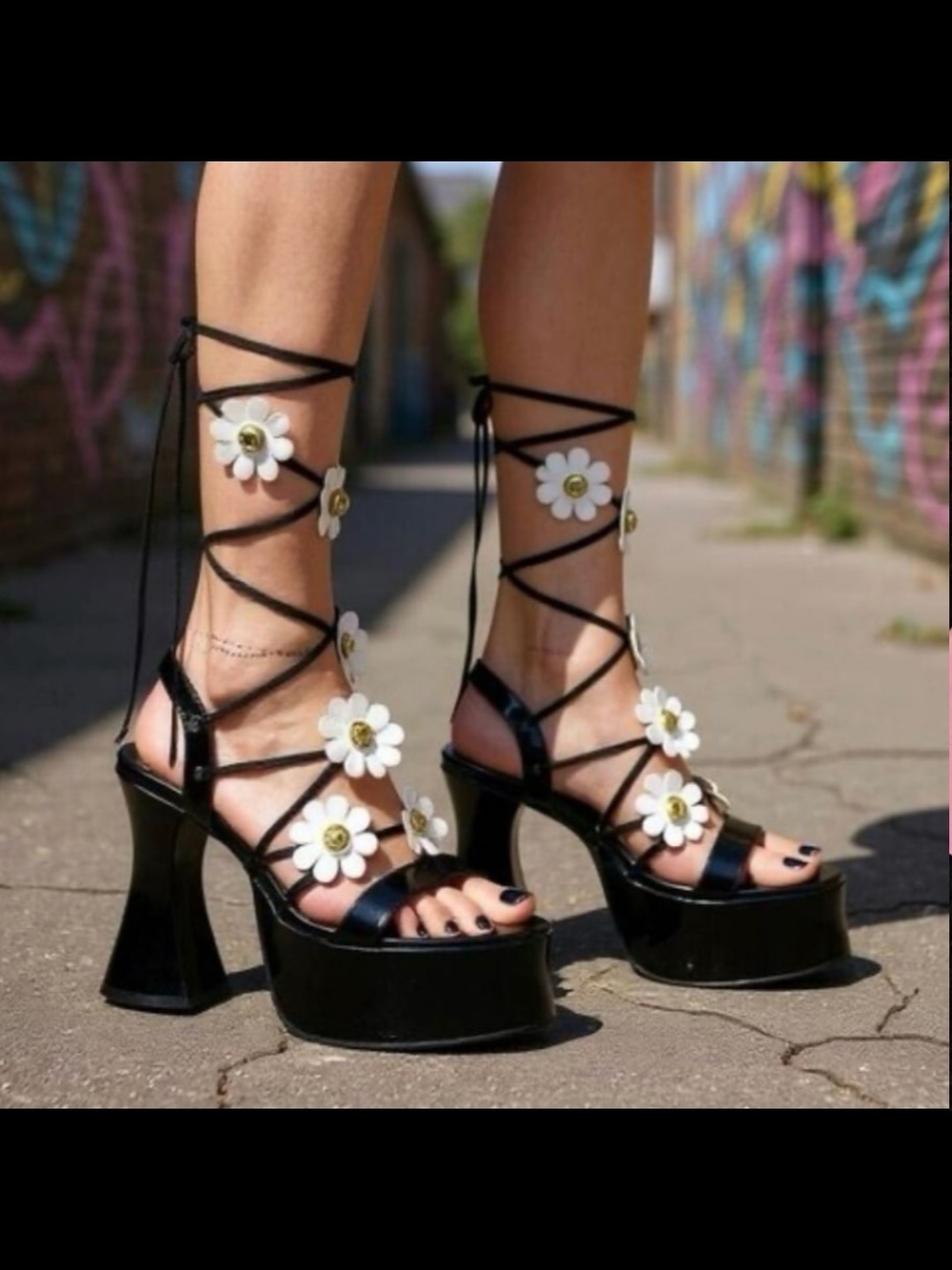 Sugar Thrillz Black Platform Lace-Up Sandals with White Daisy Embellishments